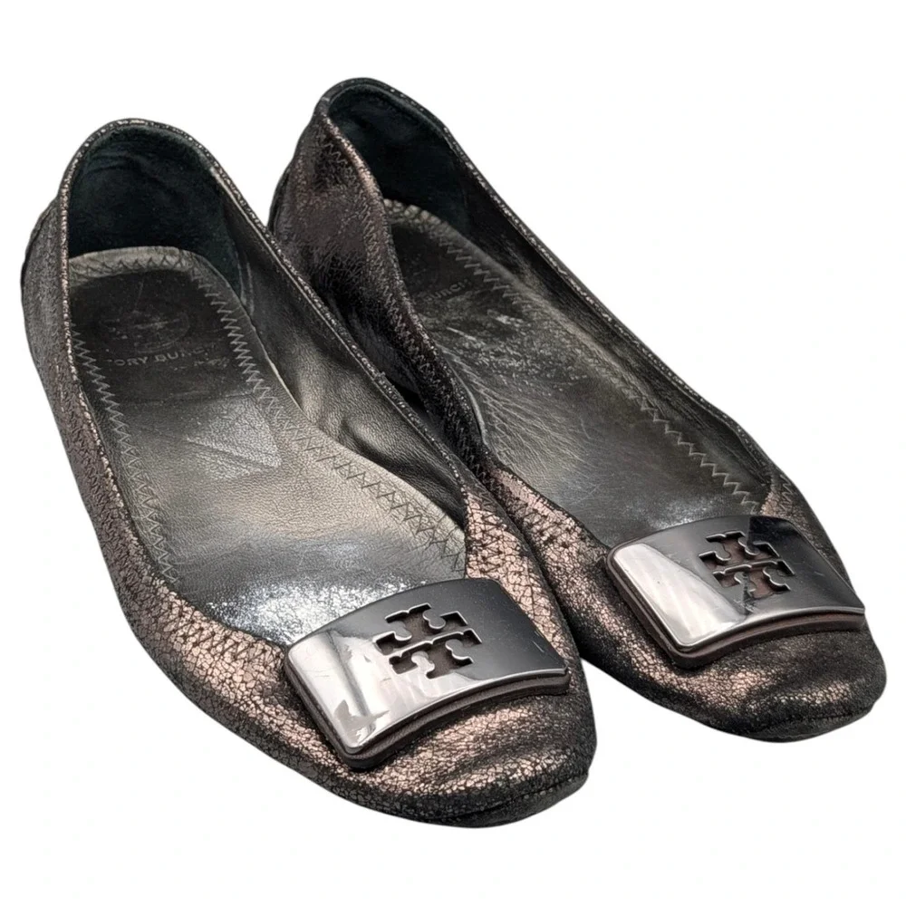 Tory Burch Ballet Flats Womens 8.5M‎ Anthracite Metallic Leather Round Toe